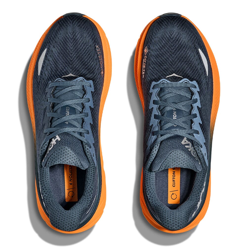 Hoka Men's Clifton 9 GTX Men's Shoes - BlackToe Running#colour_stormy-skies-orange-zest