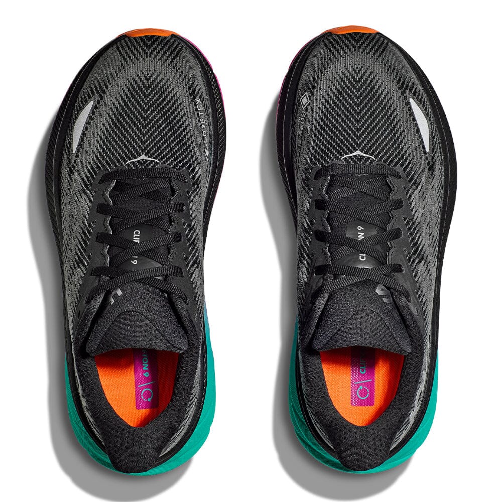 Hoka Women's Clifton 9 GTX Women's Shoes - BlackToe Running#colour_black-electric-aqua