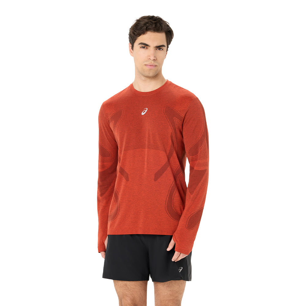Asics Men's Road Seamless Long Sleeve Top - BlackToe Running#colour_singed-red
