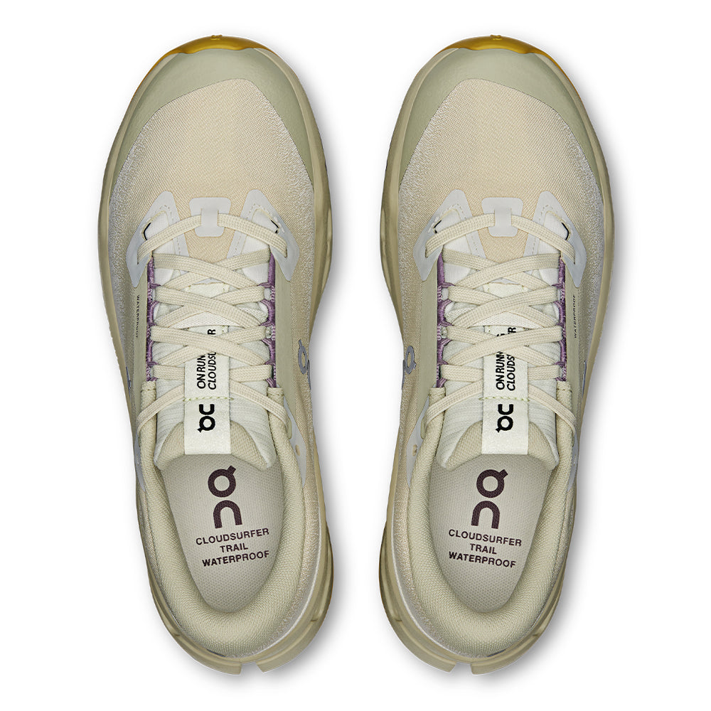 On Women's Cloudsurfer Trail 2 Waterproof - BlackToe Running#colour_ghost-chalk