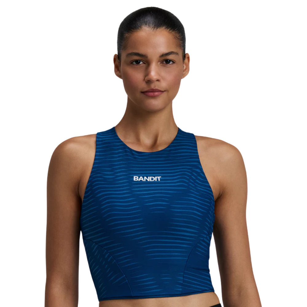Bandit Running Women's Stamina™ Scoop Neck Race Crop - BlackToe Running#colour_organic-stripe-ink-blue