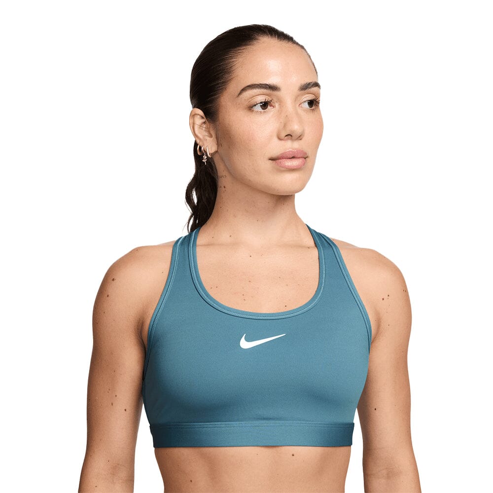 Nike Women's Dri-Fit Swoosh Medium Support Sports Bra - BlackToe Running#colour_smokey-blue-white