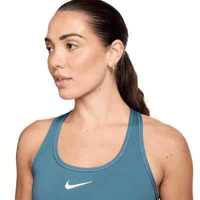 Nike Women's Dri-Fit Swoosh Medium Support Sports Bra - BlackToe Running#colour_smokey-blue-white