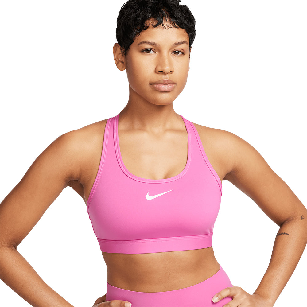 Nike Women's Dri-Fit Swoosh Medium Support Sports Bra - BlackToe Running#colour_playful-pink-white