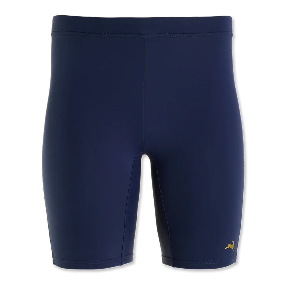 Tracksmith Men's Turnover Half Tights Men's Bottoms - BlackToe Running#colour_navy-gold-hare