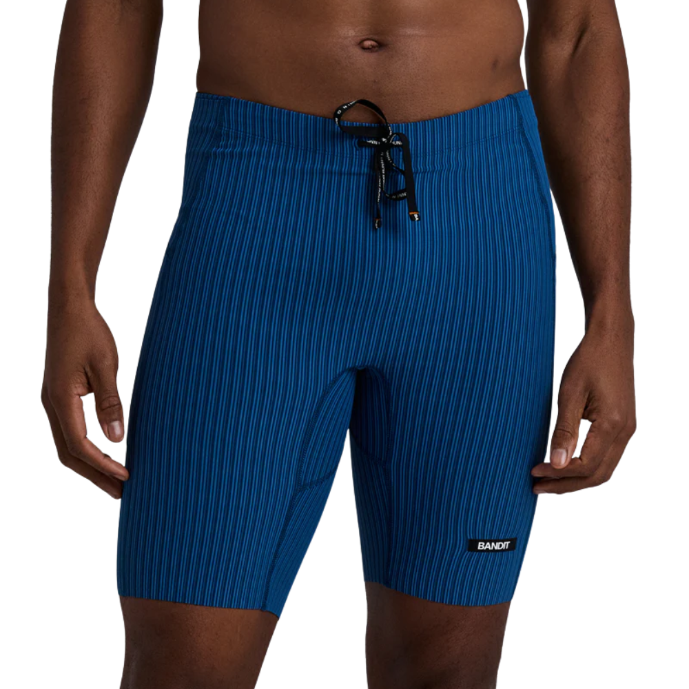 Bandit Running Men's Striped Cadence 7 Pocket Half Tights - BlackToe Running#colour_ink-blue-aegean