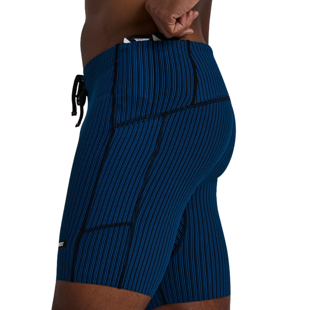 Bandit Running Striped Cadence 7 Pocket Quarter Tights - BlackToe Running#colour_ink-blue-black