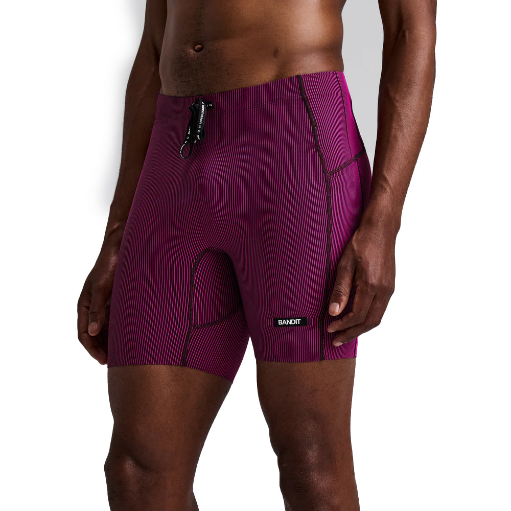 Bandit Running Striped Cadence 7 Pocket Quarter Tights - BlackToe Running#colour_espresso-azalea
