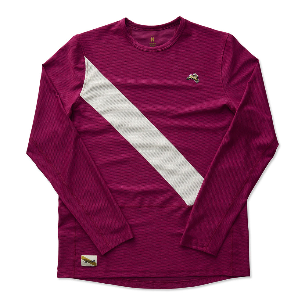 Tracksmith Men's Van Cortlandt Long Sleeve Men's Tops - BlackToe Running#colour_raspberry-ivory