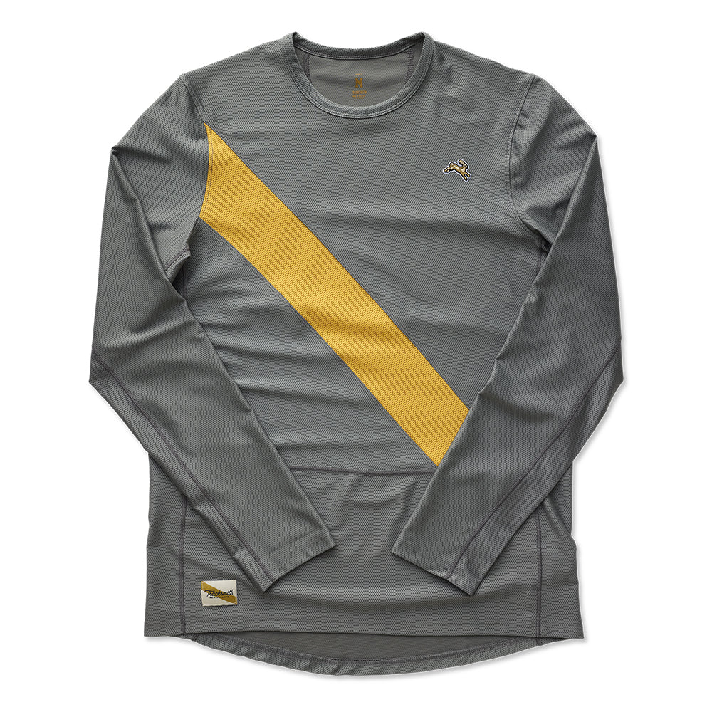 Tracksmith Men's Van Cortlandt Long Sleeve Men's Tops - BlackToe Running#colour_seona-sage-honey-gold