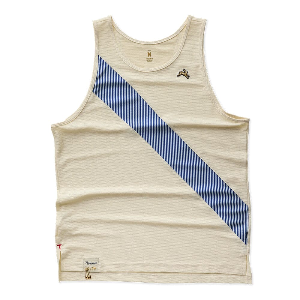 Tracksmith Men's Van Cortlandt Singlet - BlackToe Running#colour_ivory-royal-stripe