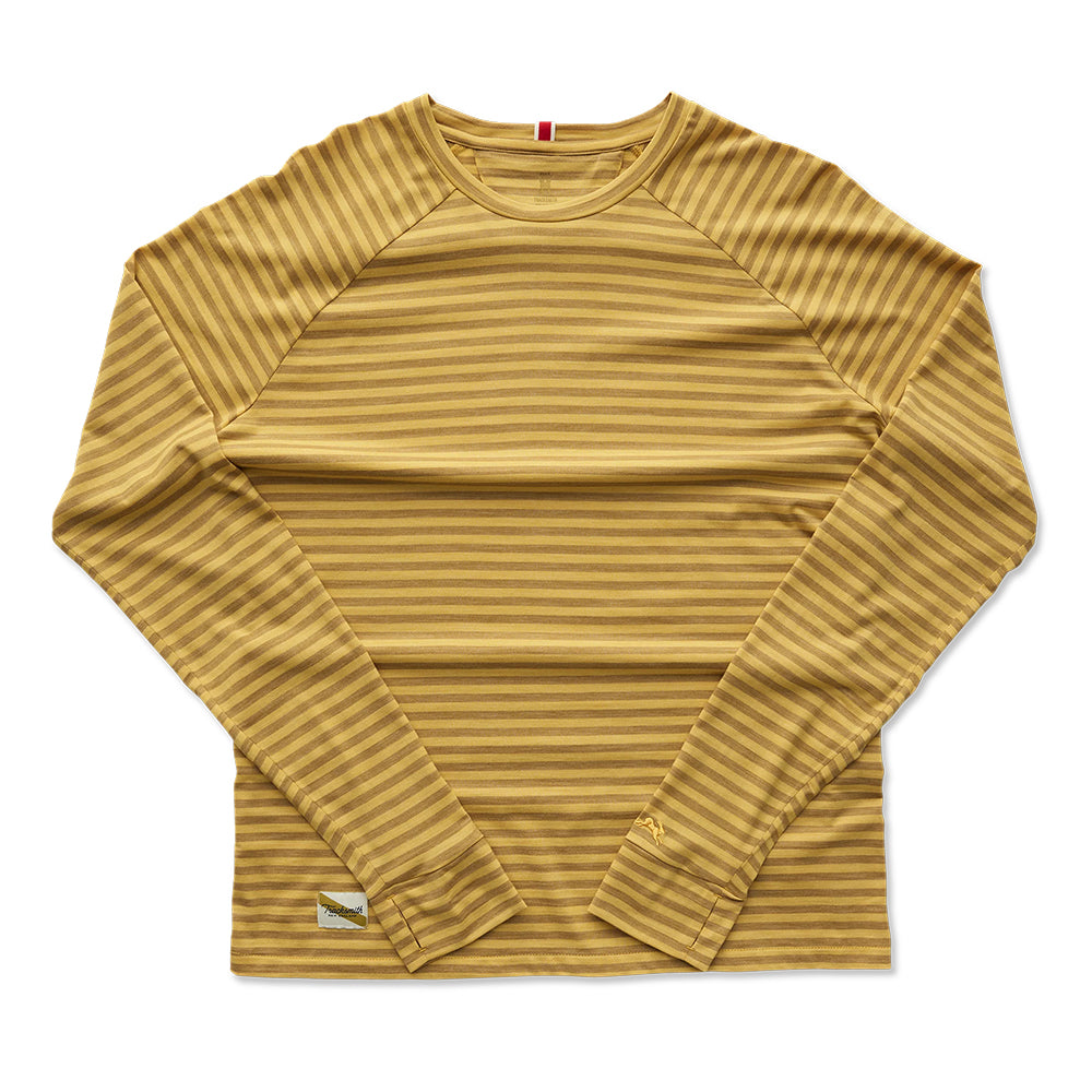 Tracksmith Men's Harrier Long Sleeve - BlackToe Running#colour_golden-brown-barcissus-stripe