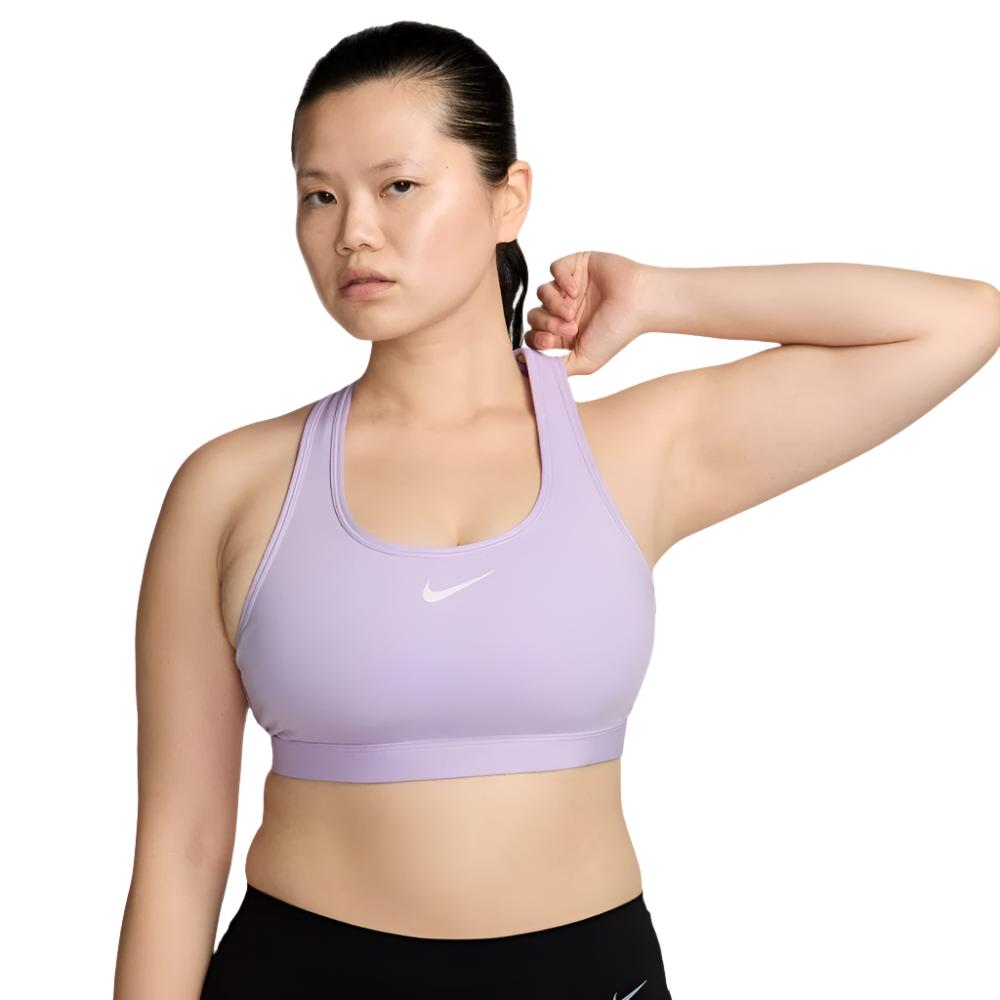 Nike Women's Dri-Fit Swoosh Medium Support Sports Bra - BlackToe Running#colour_lilac-bloom-white