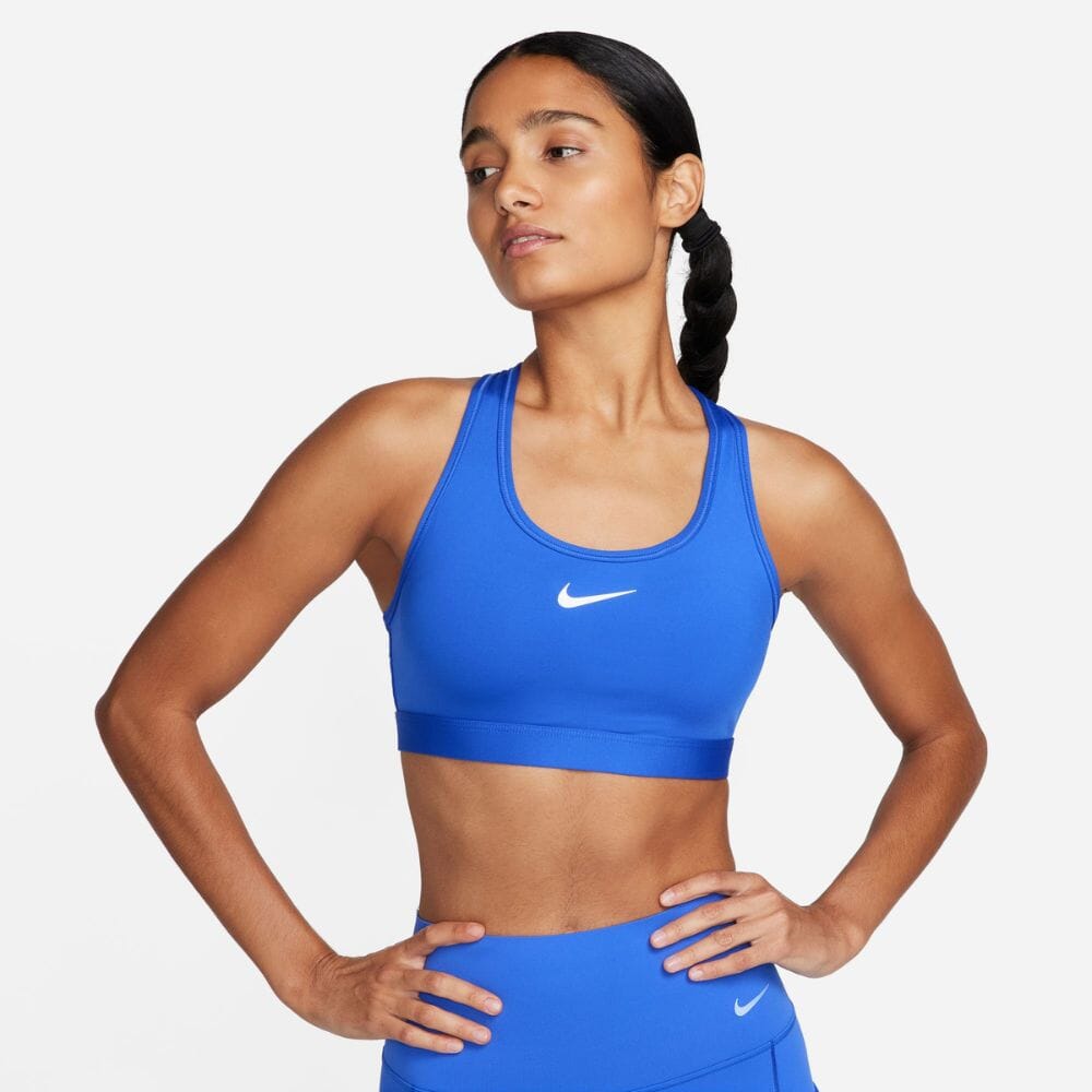 Nike Women's Dri-Fit Swoosh Medium Support Sports Bra - BlackToe Running#colour_hyper-royal-white