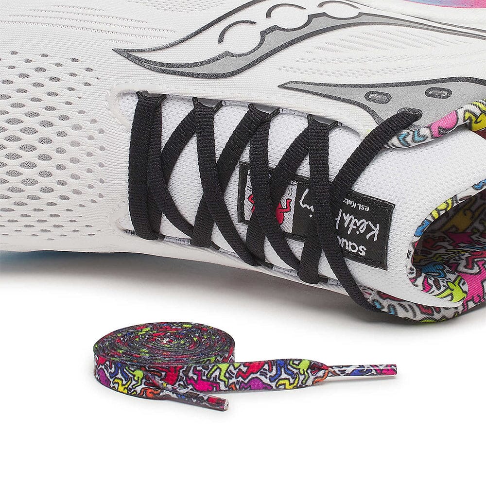 Saucony Women's Ride 18 - Keith Haring Love Capsule - BlackToe Running#colour_white-aqua-pink