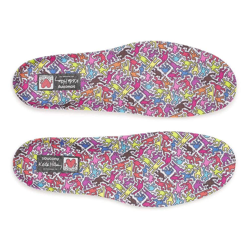 Saucony Women's Ride 18 - Keith Haring Love Capsule - BlackToe Running#colour_white-aqua-pink