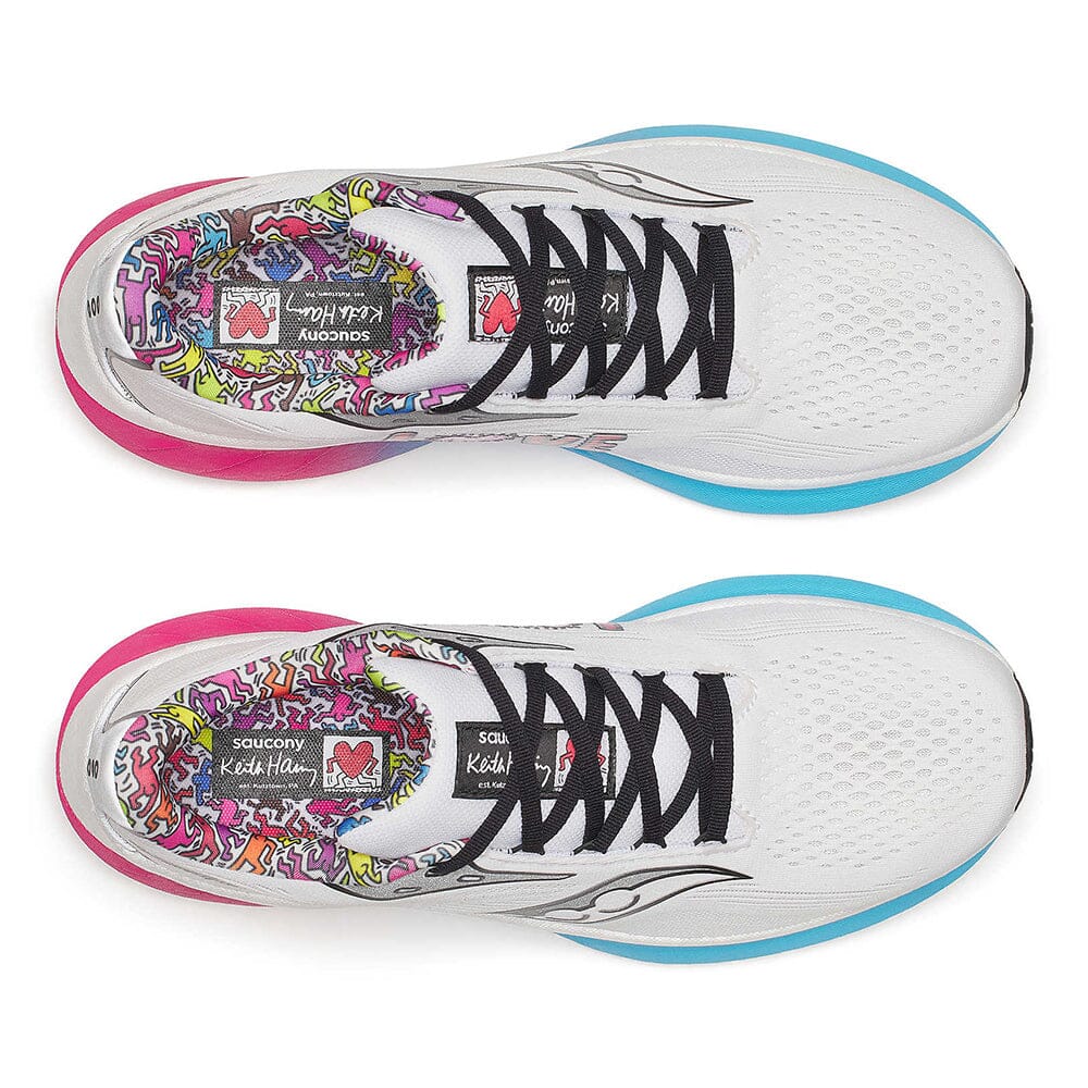 Saucony Women's Ride 18 - Keith Haring Love Capsule - BlackToe Running#colour_white-aqua-pink