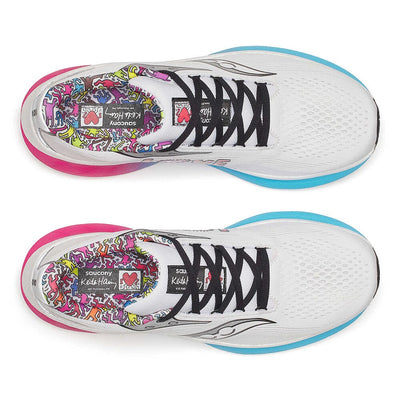 Saucony Women's Ride 18 - Keith Haring Love Capsule - BlackToe Running#colour_white-aqua-pink