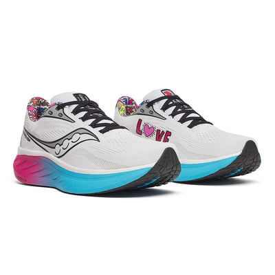 Saucony Women's Ride 18 - Keith Haring Love Capsule - BlackToe Running#colour_white-aqua-pink