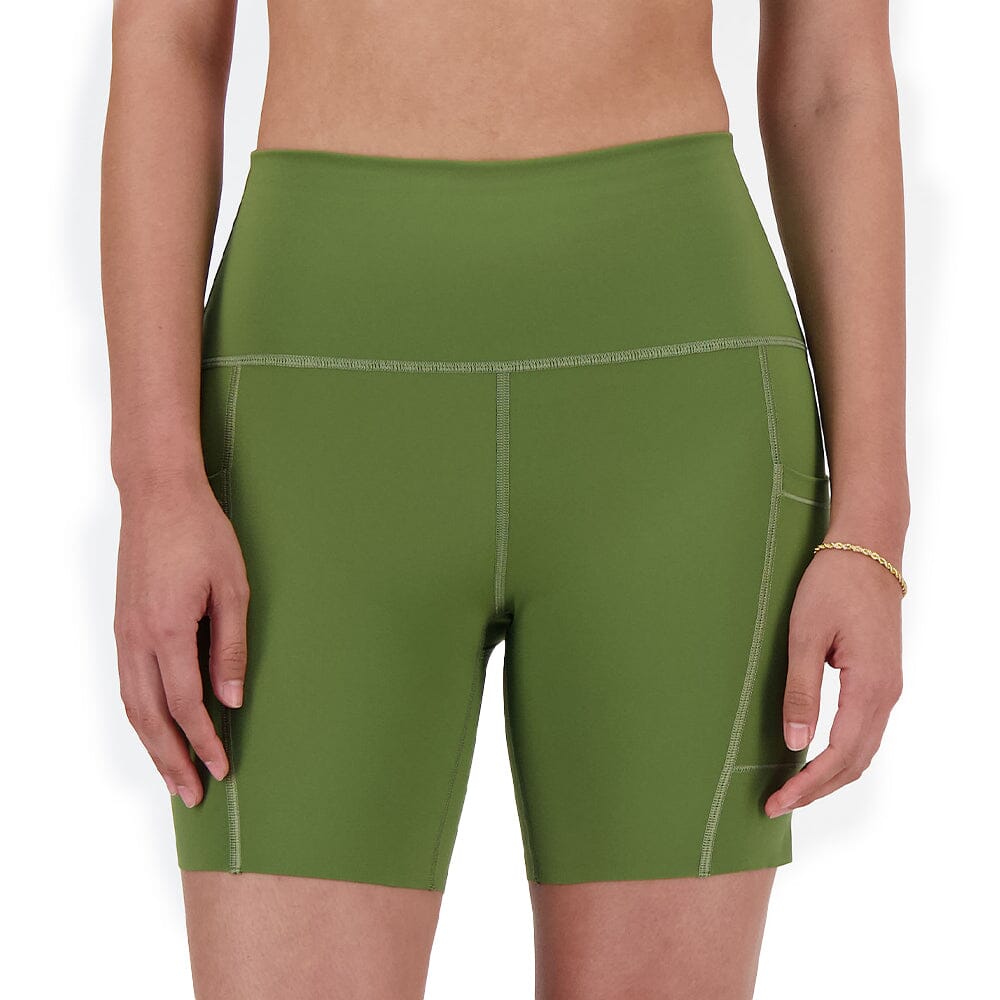 New Balance Women's Sleek Pocket High Rise Short 6" - BlackToe Running#colour_dark-olive
