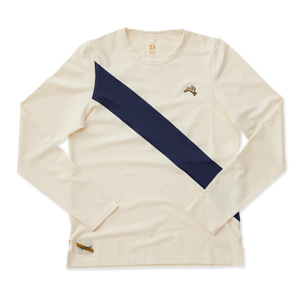 Tracksmith Women's Van Cortlandt Long Sleeve Women's Tops - BlackToe Running#colour_ivory-navy