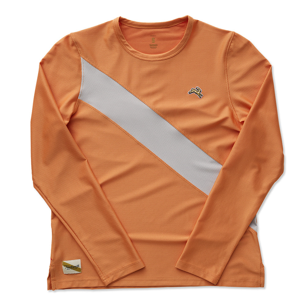 Tracksmith Women's Van Cortlandt Long Sleeve Women's Tops - BlackToe Running#colour_coral-gold-high-rise
