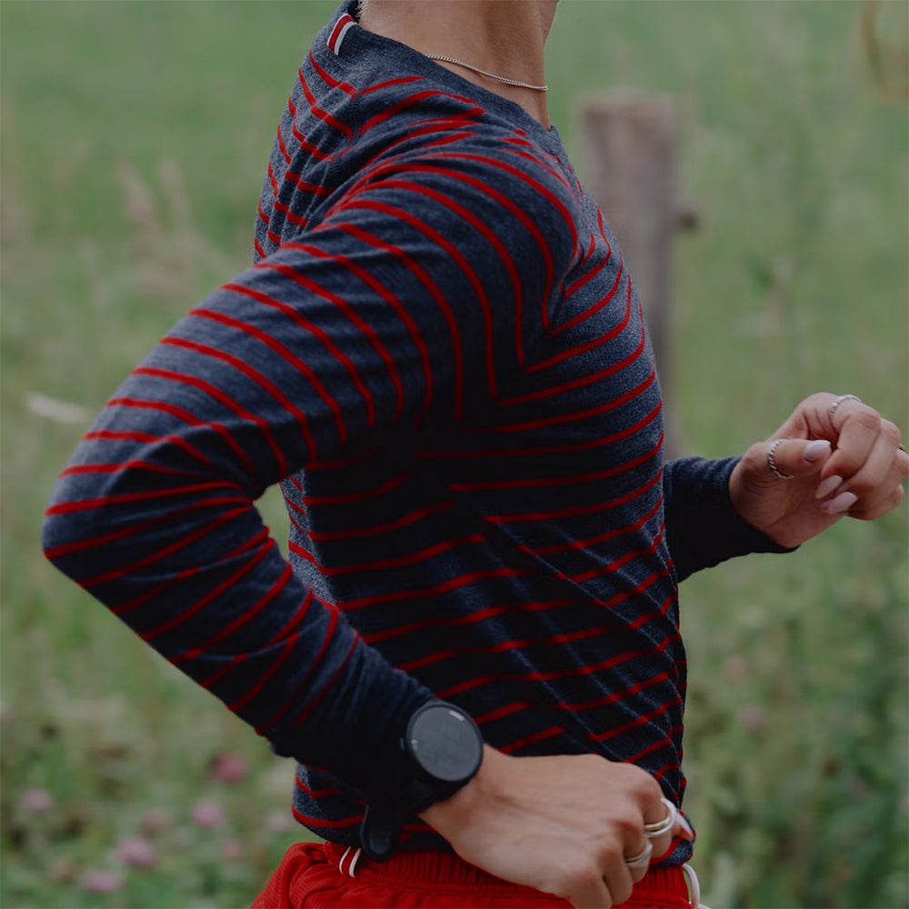 Tracksmith Women's Brighton Base Layer Women's Tops - BlackToe Running#colour_navy-racing-red-stripe