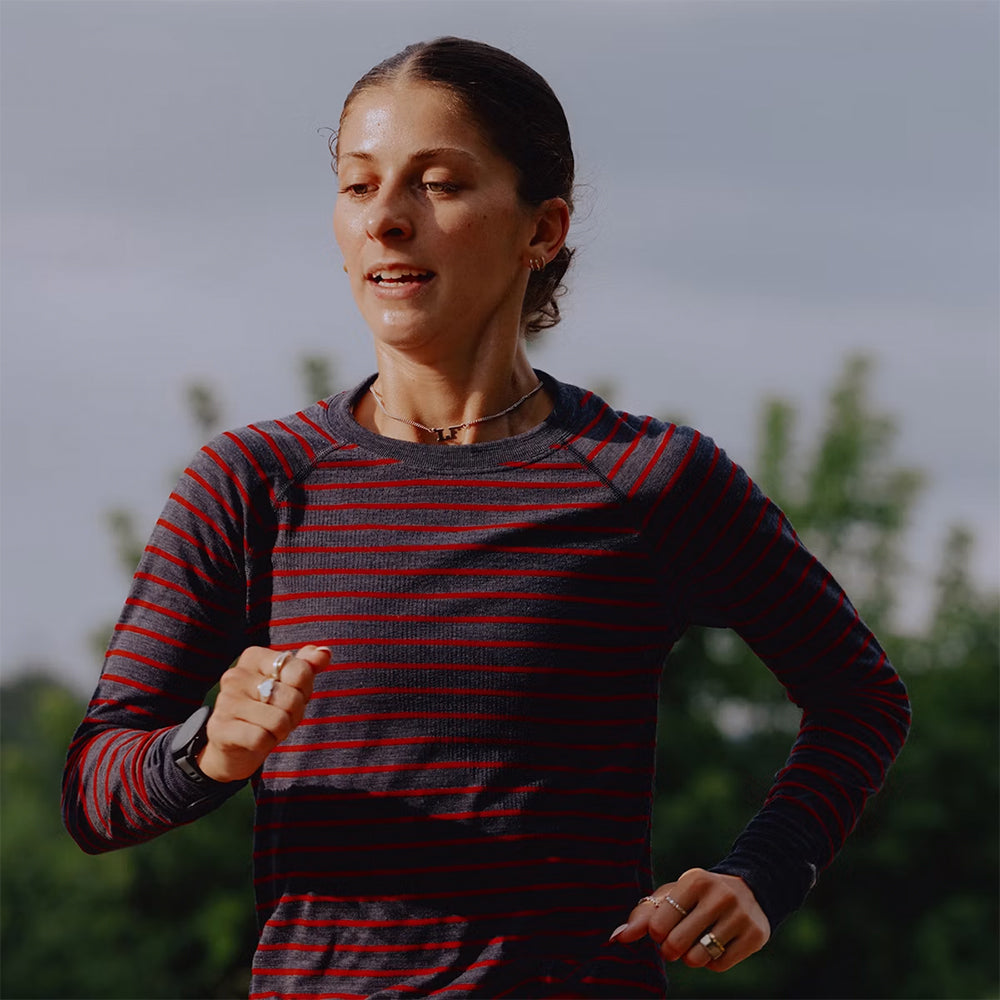 Tracksmith Women's Brighton Base Layer Women's Tops - BlackToe Running#colour_navy-racing-red-stripe