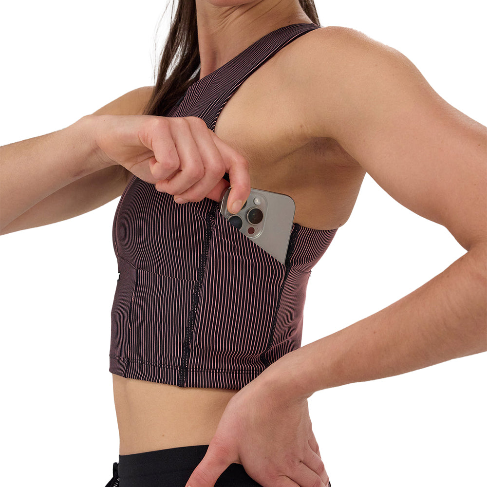 Bandit Running Women's Striped Cadence™ Zip Front Race Crop - BlackToe Running#colour_black-mauve