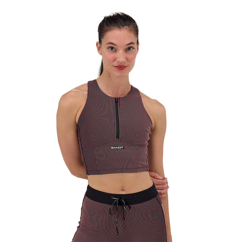 Bandit Running Women's Striped Cadence™ Zip Front Race Crop - BlackToe Running#colour_black-mauve