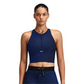 Bandit Running Women's Striped Cadence™ Zip Front T-Back Race Crop - Blacktoe Running#colour_black-bauhaus-blue