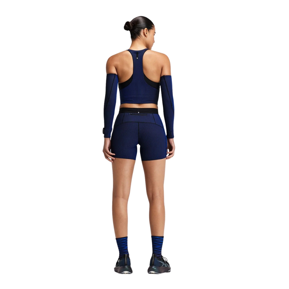 Bandit Running Women's Striped Cadence™ Zip Front T-Back Race Crop - Blacktoe Running#colour_black-bauhaus-blue