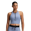 Bandit Running Women's Striped Cadence™ Zip Front T-Back Race Crop - Blacktoe Running#colour_steel-horizon-pavilion-blue