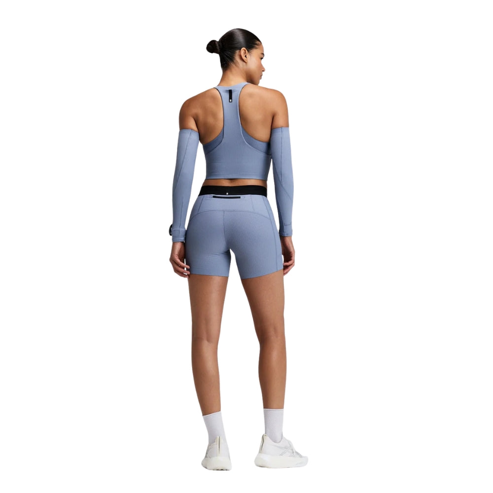 Bandit Running Women's Striped Cadence™ Zip Front T-Back Race Crop - Blacktoe Running#colour_steel-horizon-pavilion-blue