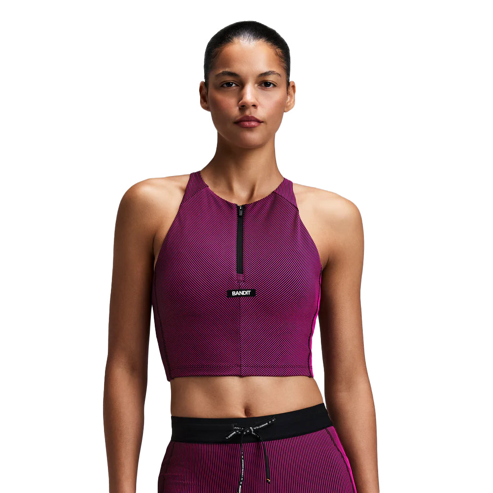 Bandit Running Women's Striped Cadence™ Zip Front Race Crop  - BlackToe Running#colour_espresso-azalea