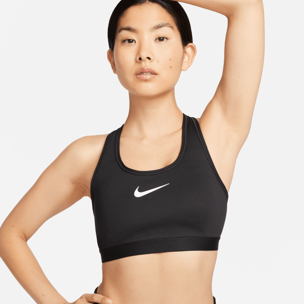 Nike Women's Dri-Fit Swoosh High-Support Sports Bra - BlackToe Running#colour_black-iron-grey