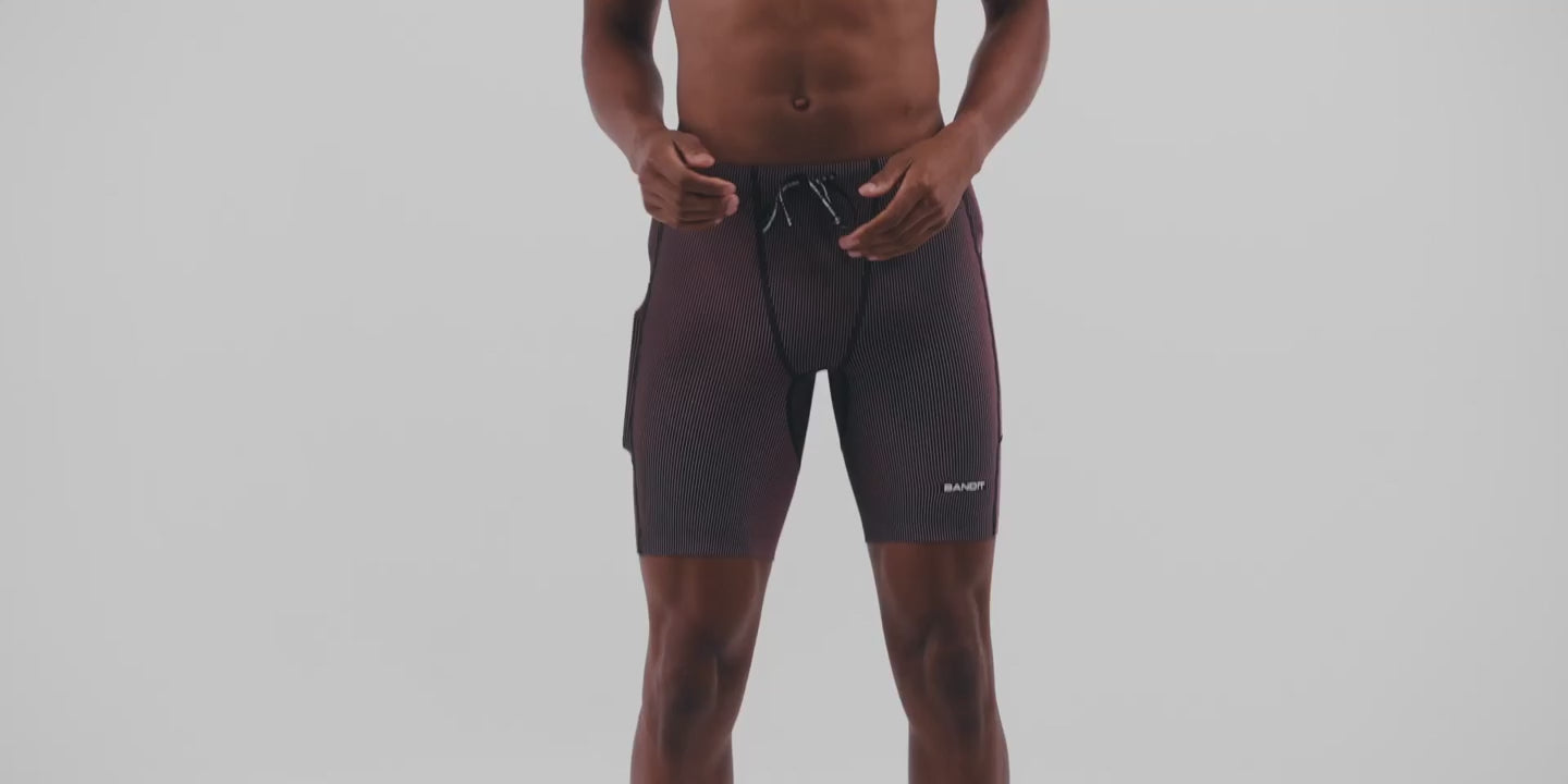 Bandit Running Men's Striped Cadence 7 Pocket Half Tights - BlackToe Running#colour_black-mauve