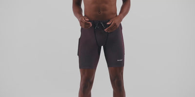 Bandit Running Men's Striped Cadence 7 Pocket Half Tights - BlackToe Running#colour_black-mauve