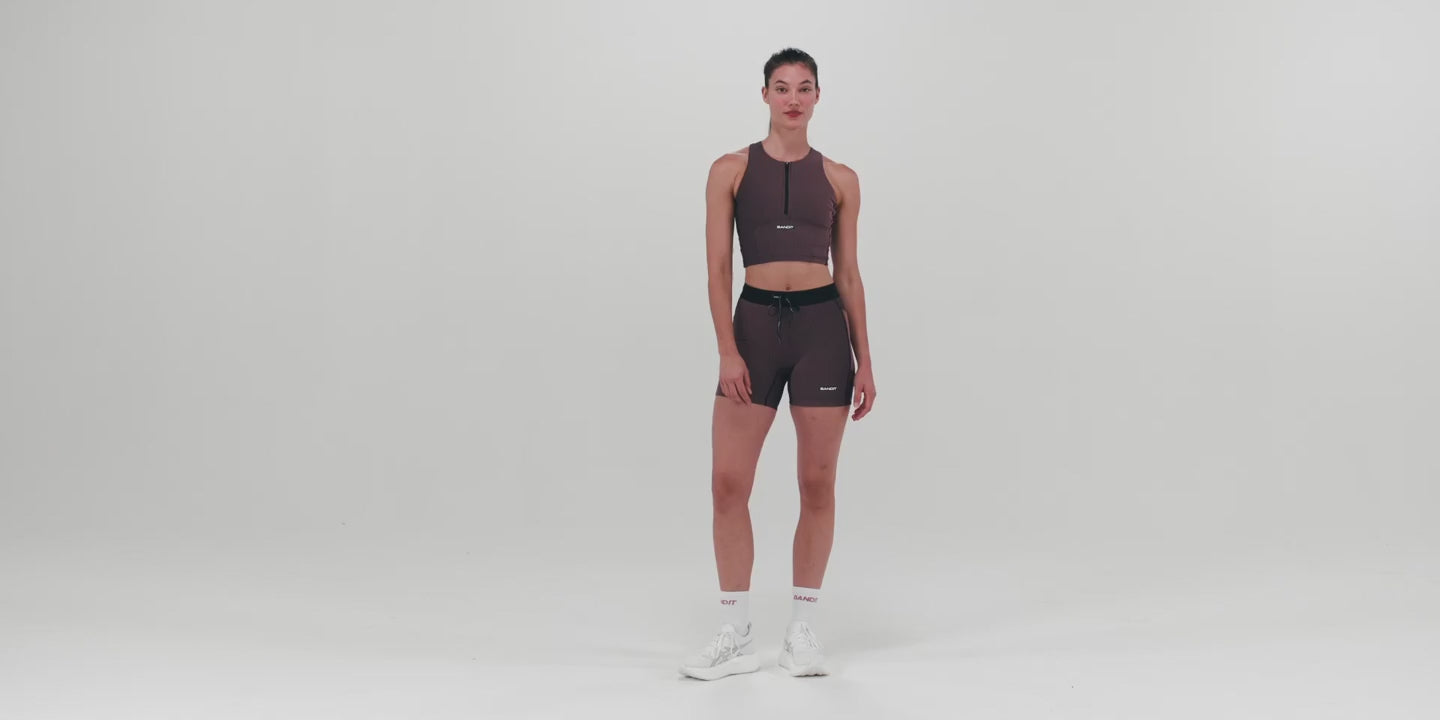 Bandit Running Women's Striped Cadence™ Zip Front Race Crop - BlackToe Running#colour_black-mauve