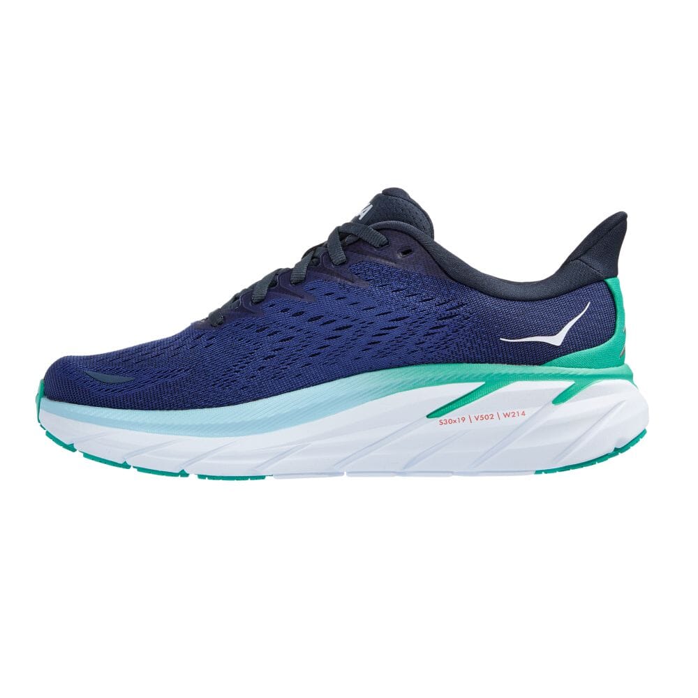 Hoka One One Women's Clifton 8 Women's Shoes - BlackToe Running#colour_outer-space-bellwether-blue