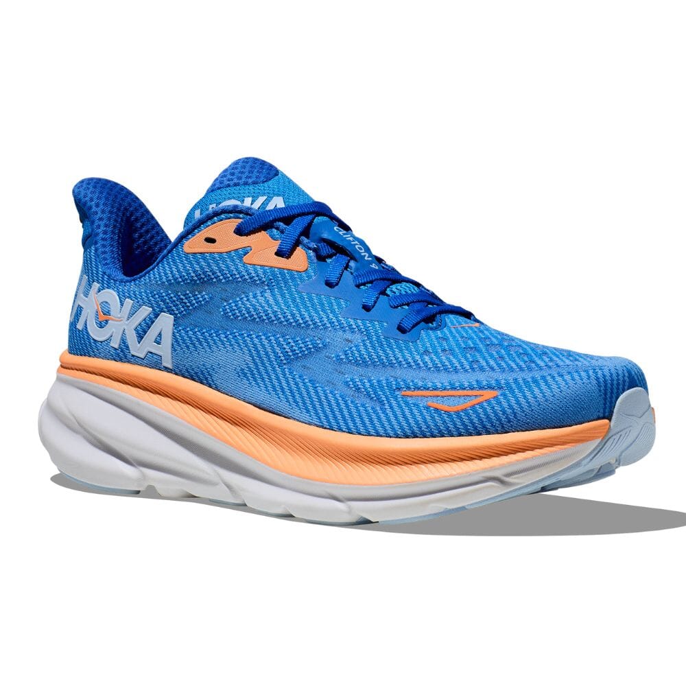 Hoka Men's Clifton 9 Men's Shoes - BlackToe Running#colour_coastal-sky-orange-all-aboard