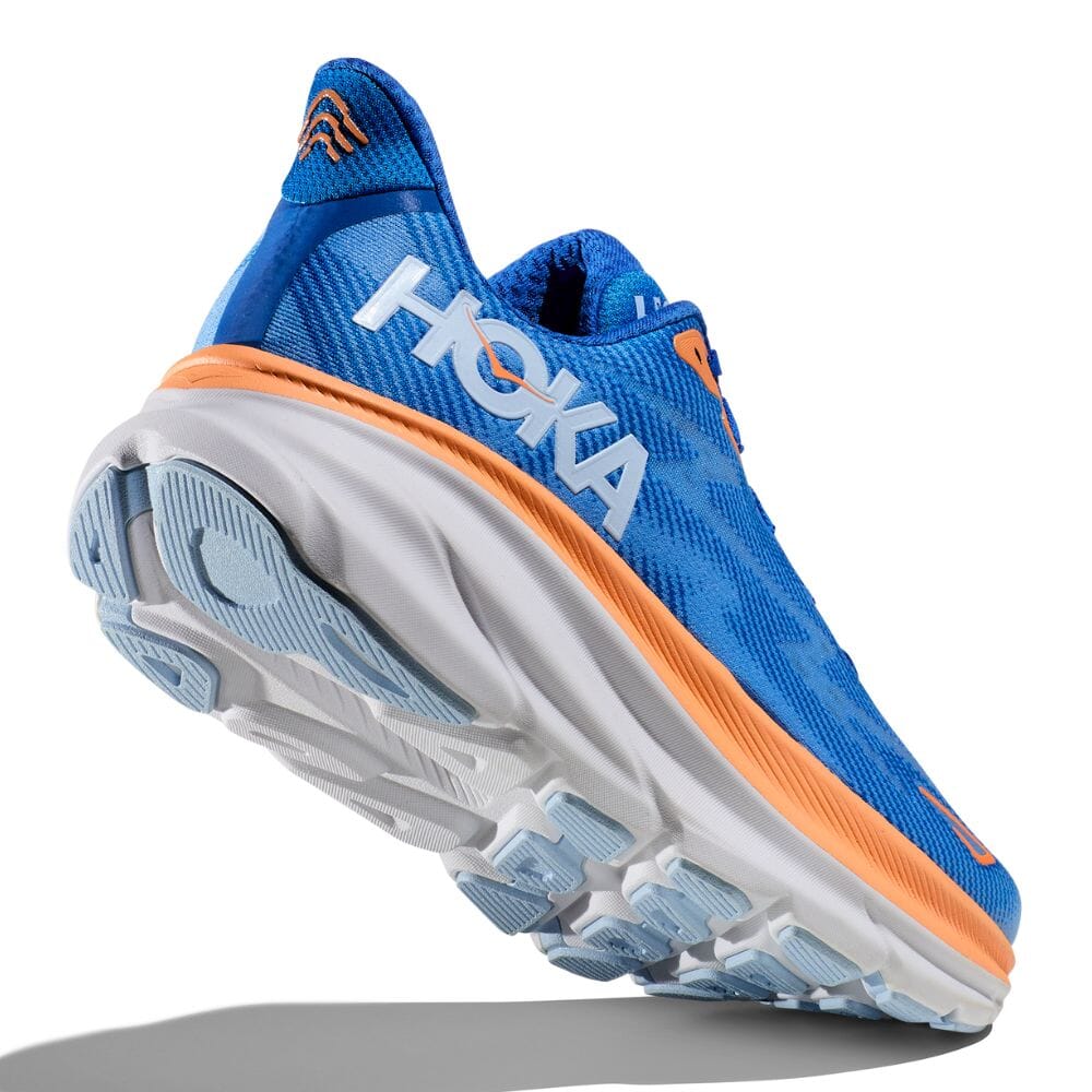 Hoka Men's Clifton 9 Men's Shoes - BlackToe Running#colour_coastal-sky-orange-all-aboard
