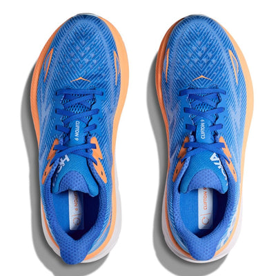 Hoka Men's Clifton 9 Men's Shoes - BlackToe Running#colour_coastal-sky-orange-all-aboard