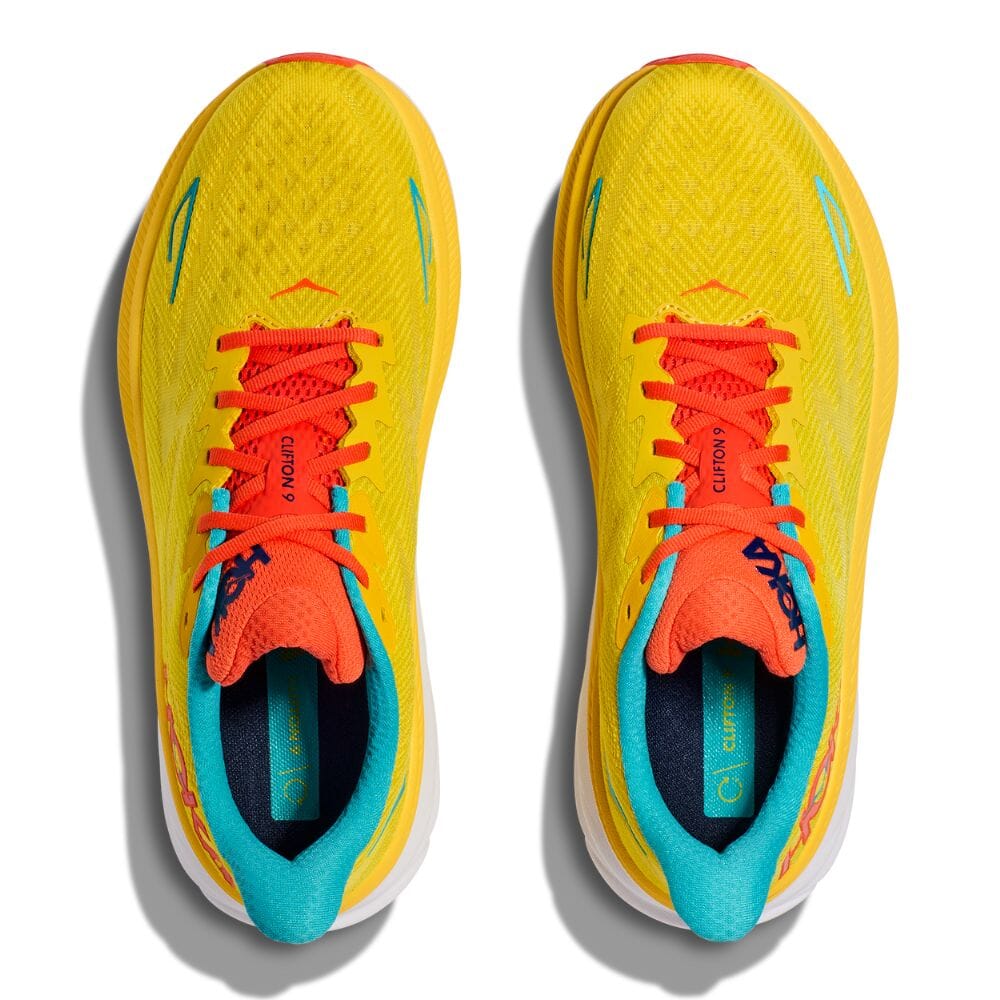 Hoka Men's Clifton 9 Men's Shoes - BlackToe Running#colour_passion-fruit-maize