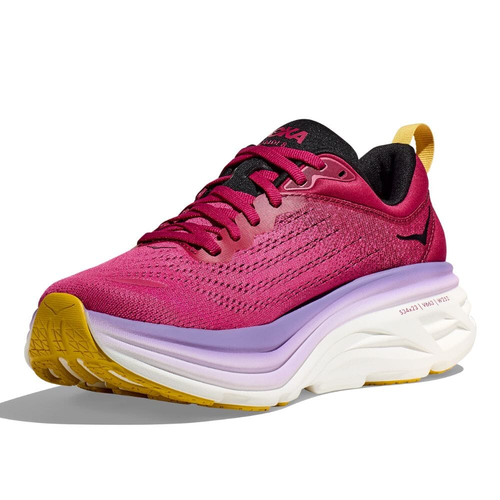 Hoka Women's Bondi 8 Women's Shoes - BlackToe Running#colour_cherries-jubilee-pink-yarrow