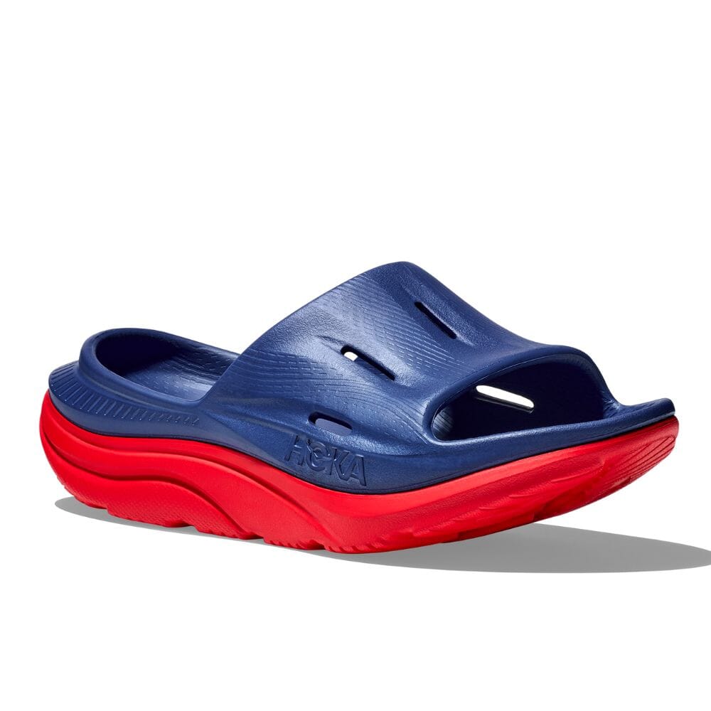 Hoka Ora Recovery Slide 3 - Bellwether Blue & Red Alert Slides - BlackToe Running#colour_bellwether-blue-red-alert