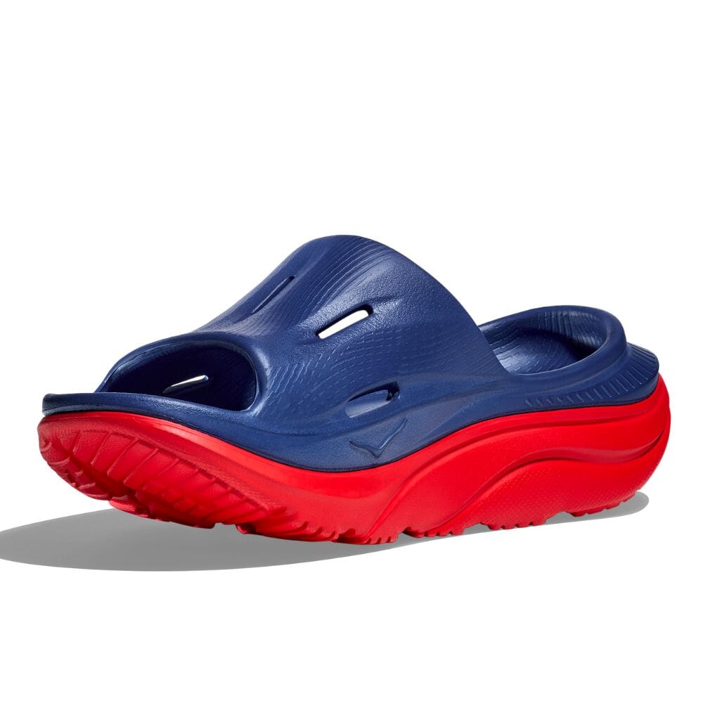 Hoka Ora Recovery Slide 3 - Bellwether Blue & Red Alert Slides - BlackToe Running#colour_bellwether-blue-red-alert