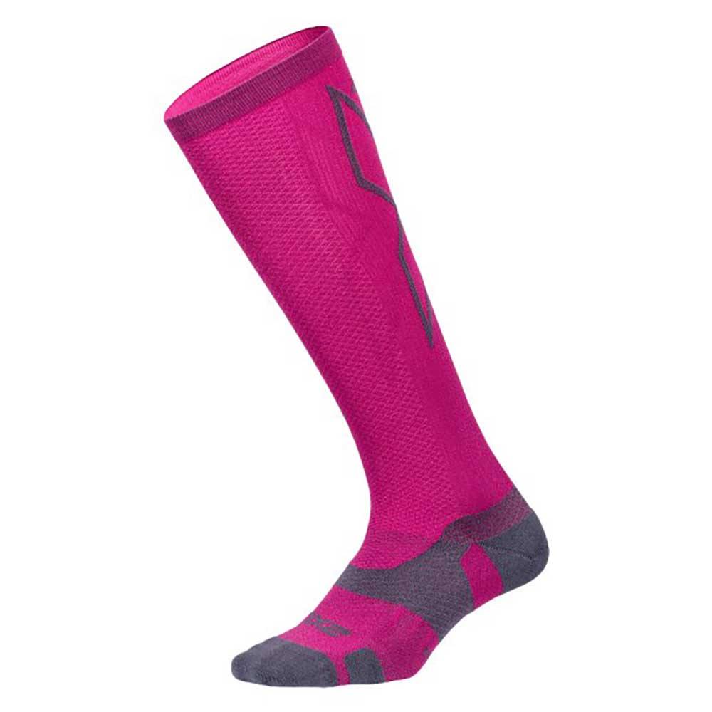 2XU Vector Light Cushion Full Length Compression Socks - BlackToe Running#colour_hot-pink-grey