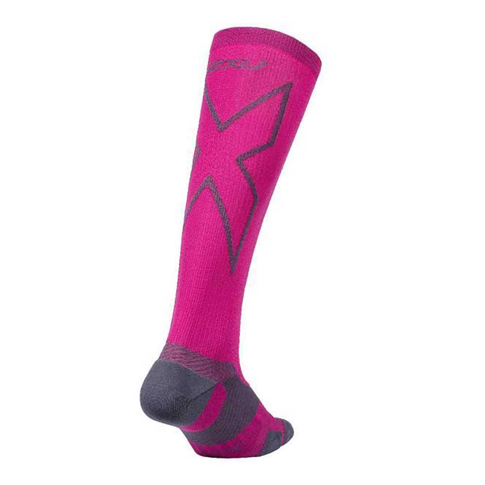 2XU Vector Light Cushion Full Length Compression Socks - BlackToe Running#colour_hot-pink-grey