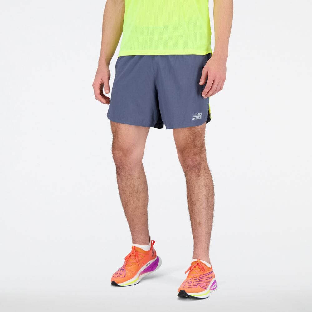 New Balance Men's Impact Run 5 Inch Short Men's Bottoms - BlackToe Running#colour_cosmic-pineapple-grey